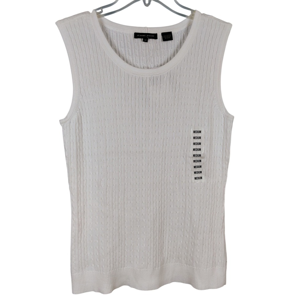 NWT Jeanne Pierre Womens M Cable Knit Sweater Vest White Cotton Preppy Old Money - Picture 1 of 8